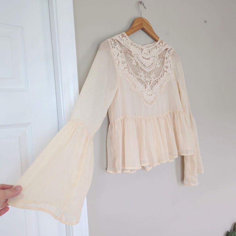 Altar'd State Flare Sleeve Lace Mesh Peplum Hem Top XS Fairy Feminine Romantic
